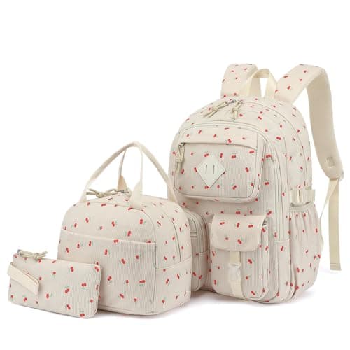Lrenagao 3Pcs Corduroy School Backpack for Girls Kids Large Capacity School Bag Bookbags Set with Lunch Box and Pencil Bag Corduroy Cherry