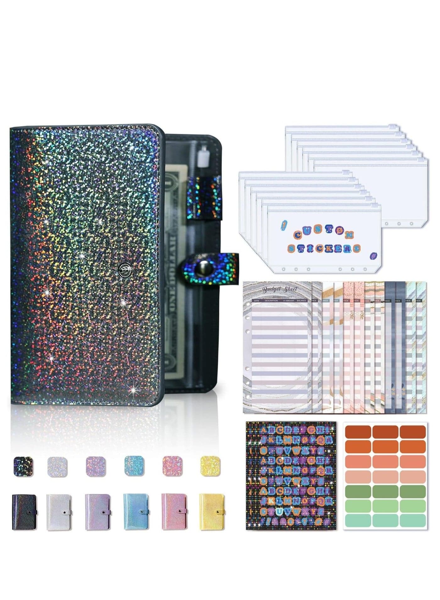 A6 Budget Binder with 12pcs Zipper Envelopes & Expense Sheets, Money Cash for Budgeting and Saving Money, Black/Grey