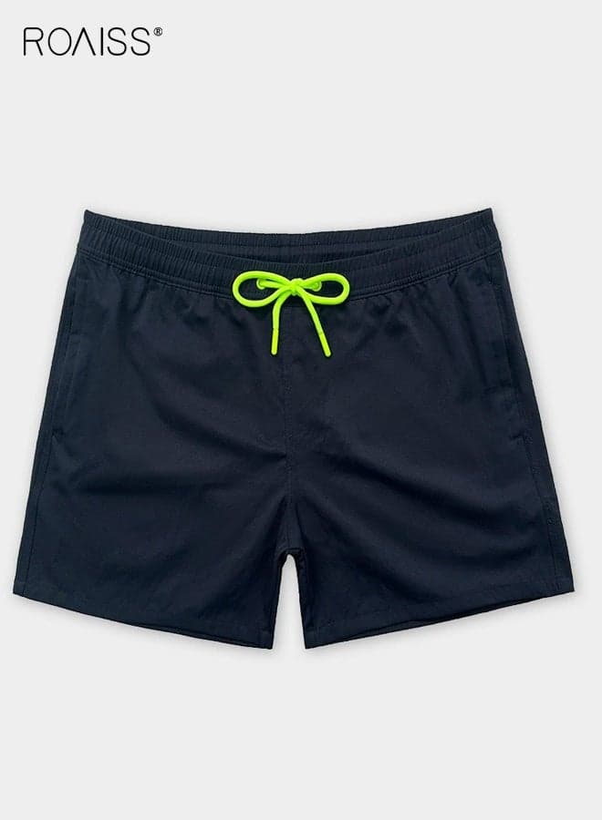 Men's Skateboarding and Surfing Solid Color Straight Leg Shorts Fitness Fashion Shorts Four-Way Stretch Men's Beach Shorts Comfortable Loose Fit Drawstring Elastic Waist Beach Shorts Blue