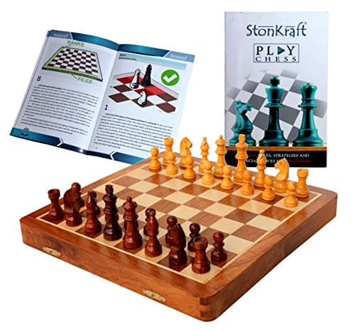 StonKraft 12 x 12 Inch Wooden Foldable Chess Board Game Set with Wooden Chess Pieces Colored Chess Book