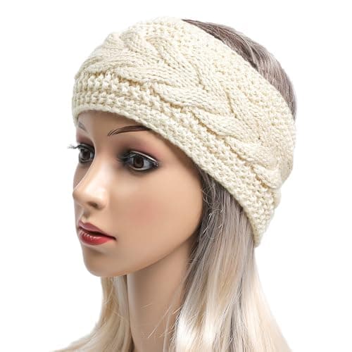 Alexvyan Off white Arrow Winter Headbands for Women Wool, Ear Warmers for Women Headband Knit Thick Cold Weather Warm Ear Muffs Winter Ear Protector