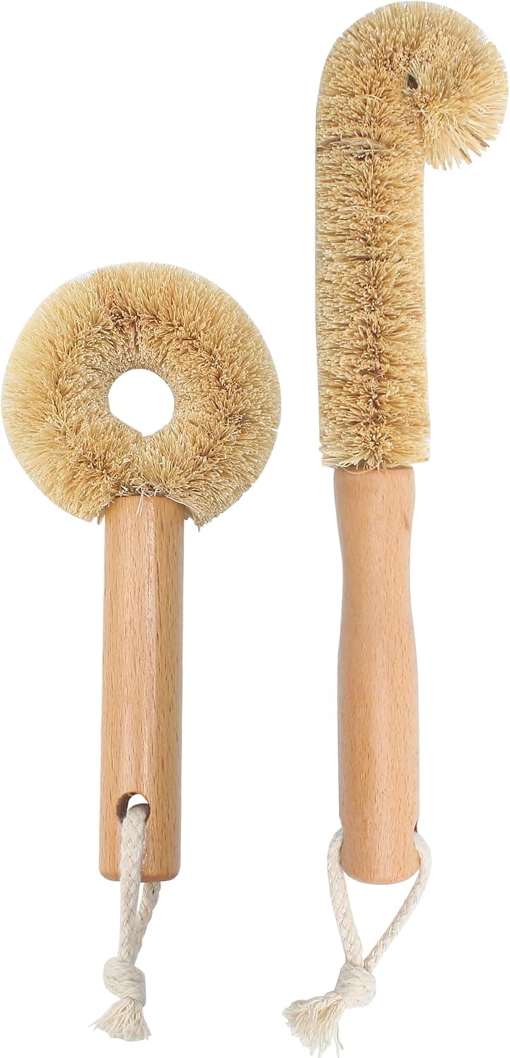 2PCS Coconut Brush Fiber Bottle Wooden Cleaning Brush Scrub Head for Deep Pan Cleaning Washing Sturdy EcoFriendly with Natural Wood Handle Holder Bristle Scrubber Set for Kitchen Dishes Vegetable