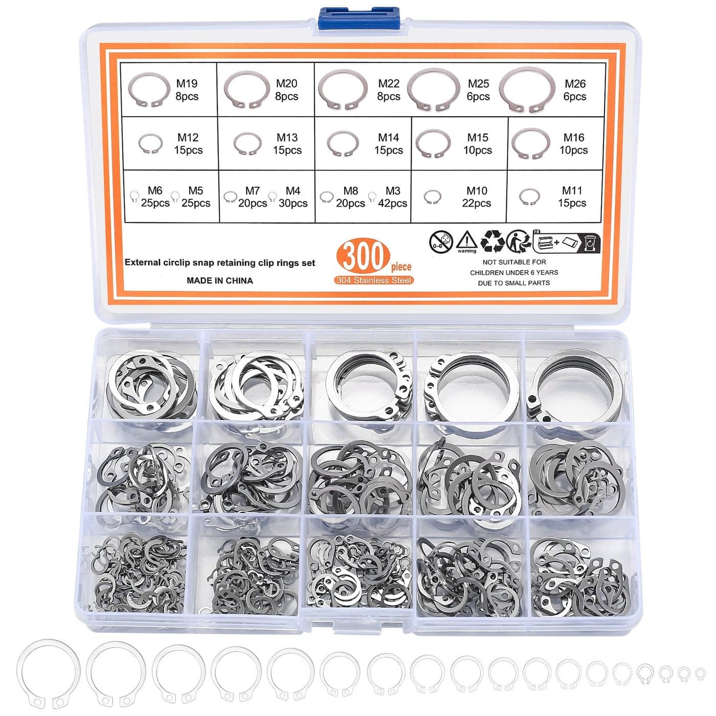 300 Pcs Retaining Ring Set, Internal Snap Rings Kits, Stainless Steel External Circlip Snap Retaining Clip Rings, 18 Sizes Circlip Retaining Snap Rings Assortment Kit for Grooved Shafts, Pins, Studs