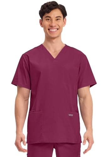 Cherokee Men's V-Neck Top Traditional fit with 4 Pockets, Ultra Soft, Durable, Fade Resistant, 2-Way Stretch Fabric - WW695, L, Wine