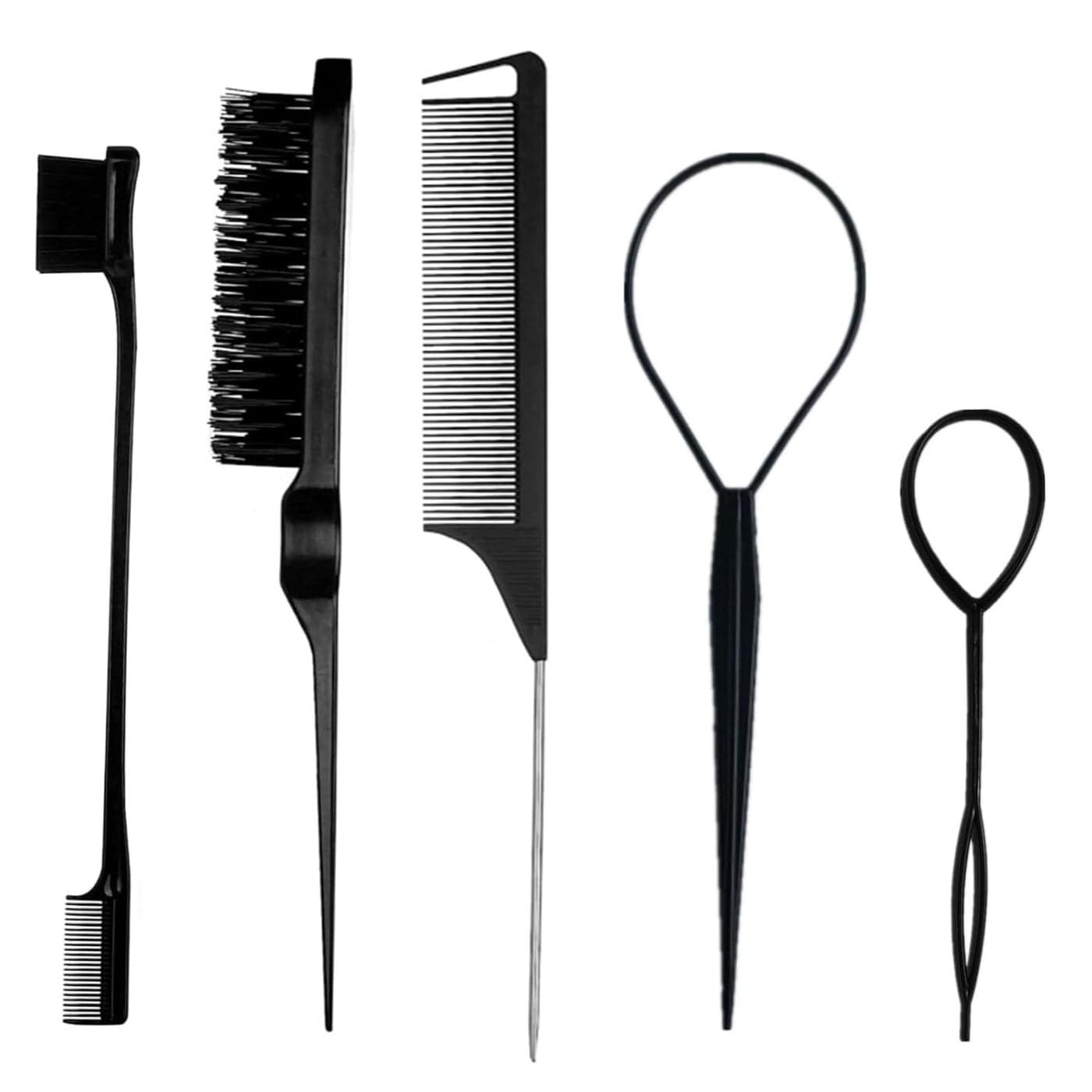 Street27 5pcs Slick Back Hair Brush Set with 2pcs Topsy Hair Tail Tool Bristle Teasing Hair Brushes Edge Brush Rat Tail Comb For Women Girls Hair Flyaways Styling Edge Back Combing Black