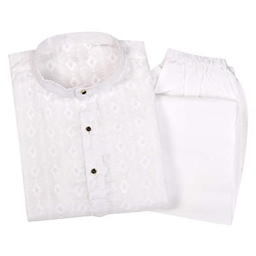 superminis Baby Boys Ethnic Wear Colored Cotton Chikankari Kurta, Round Collar, Full Sleeves With White Pyjama, Kurta Set (White, 4-5 Years)