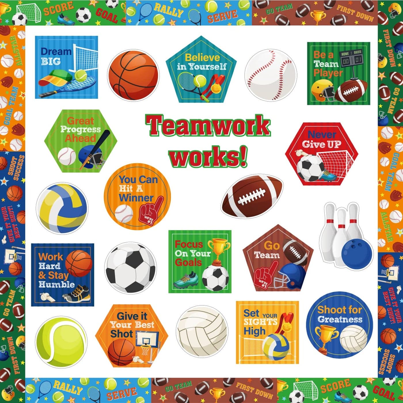 Sports Motivational Bulletin Board Set with Bulletin Board Borders Teamwork Positive Sayings Accents Classroom Decor for Teachers Motivational Accents Sports Cutouts for Class School Decoration