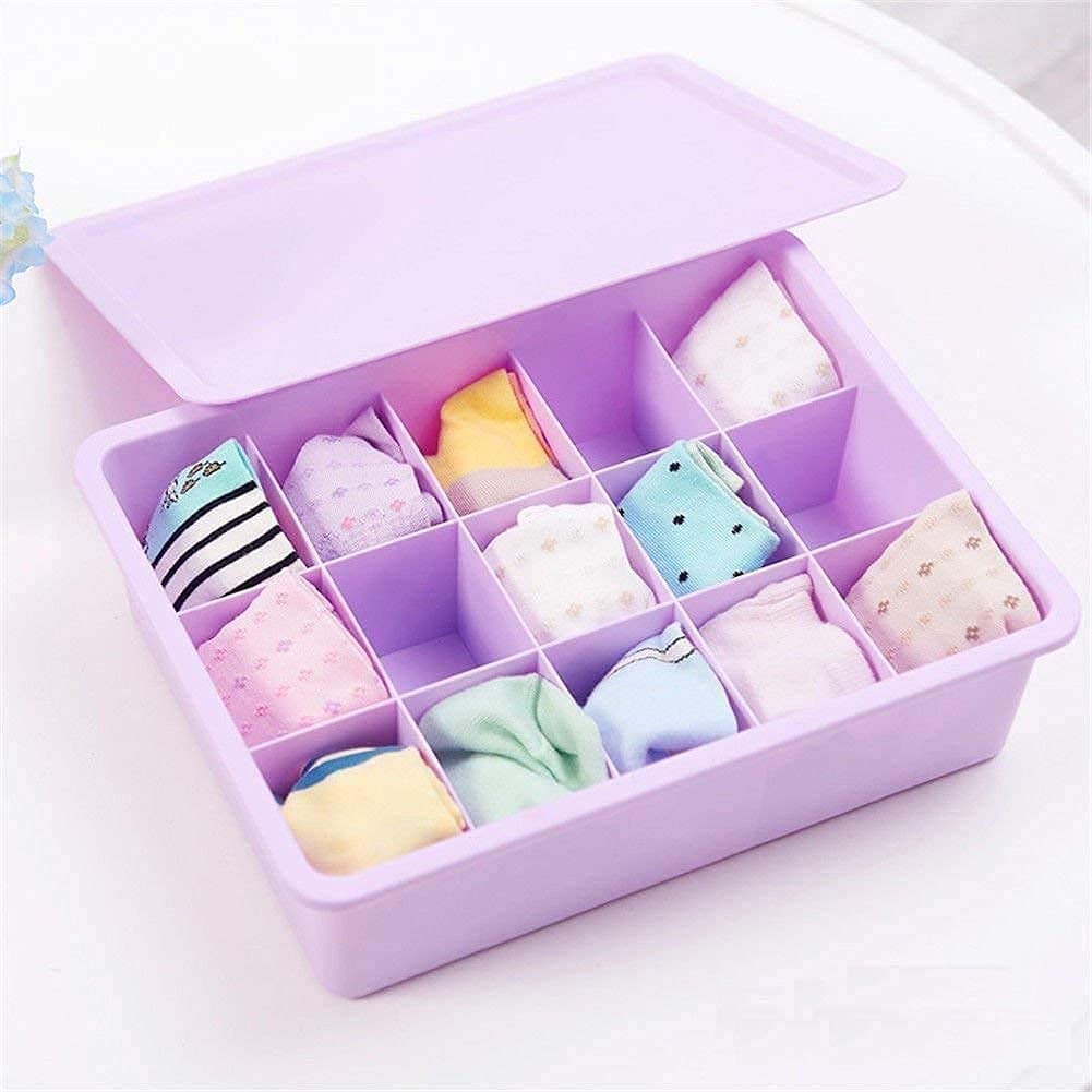 GOPAD Stackable 15 Grid Plastic Innerwear Underwear Undergarment Socks Storage Organizer Box with Lid Cover and Compartment for Wardrobe Drawer for Women Kids Plastic 15 Grid BoxmulticolourPcs 1