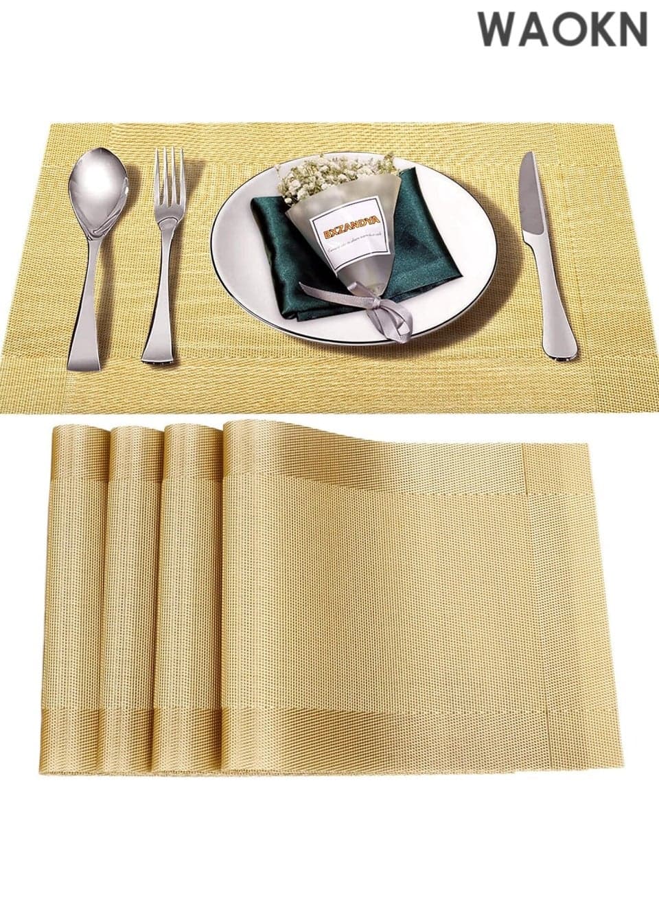 Placemats Set of 4 - Premium Washable Vinyl Woven Table Mats - Heat & Stain Resistant Non-Slip PVC Placemats for Indoor/Outdoor Use - Durable Restaurant-Grade Table Protection Mats (Gold, 12x18 Inches)