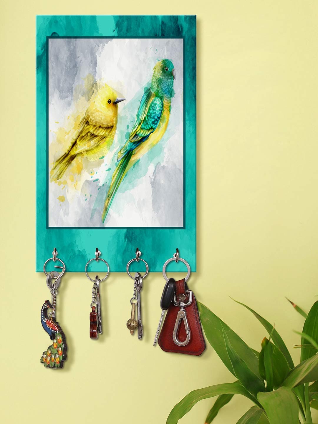 999STORE hook keychain holder wall mount hanger organizer Parrot And Sparrow key stand for wall (MDF_7.5X12 Inch_Multi) KeyholderP134