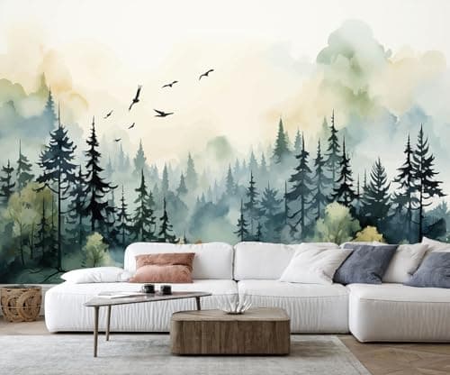Toolhom Green Watercolor Forest Wallpaper Woodland Nature Landscape Wall Mural for Living Room Bedroom Dining Room OfficeNot SelfAdhesive