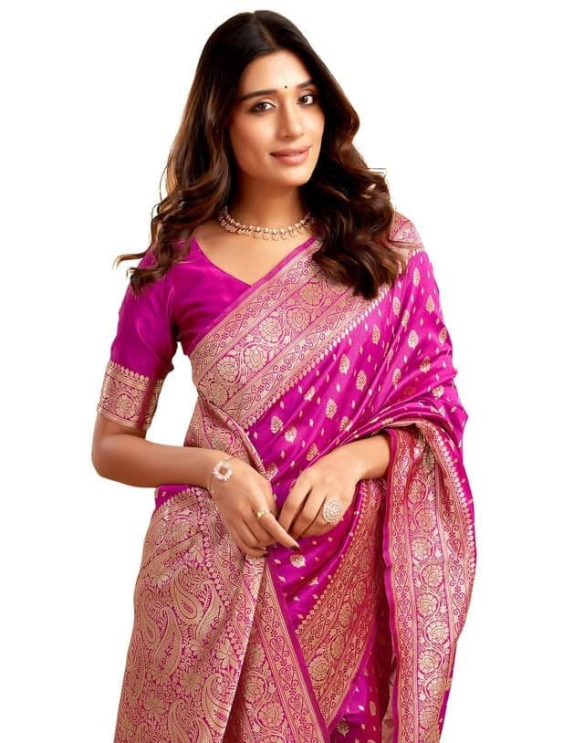 SIRIL Women's Jacquard Kanjivaram Soft Silk Saree Pure Silk Banarasi Saree With Unstitched Blouse Piece (3989S147A_Magenta & Golden)