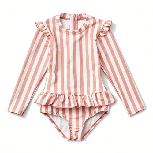 LDIOIF Toddler Girls One Piece Bathing Suit Pink Striped Swimsuit Zipper Long Sleeve Rash Guard Swimwear with Ruffle Hem 2-3T