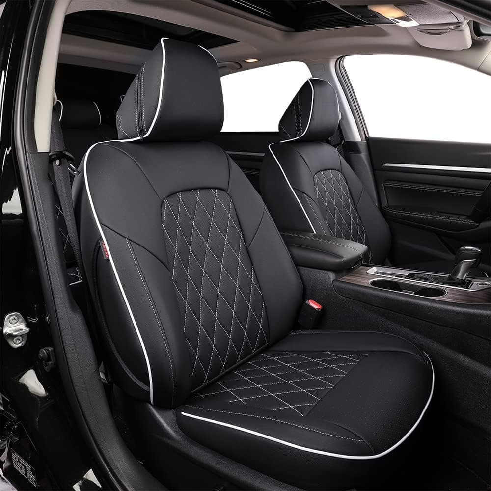 EKR Leather Seat Covers for Nissan Sentra SR & Midnight Edition (2020-2025) - Black with White Piping