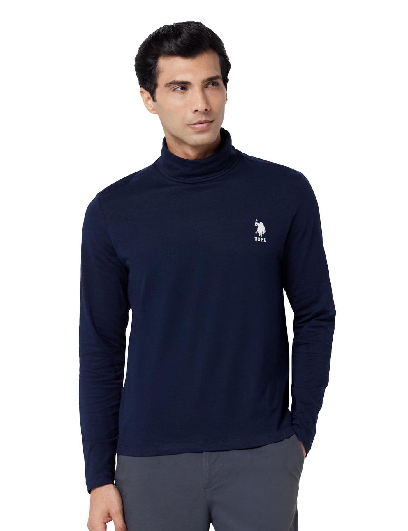 U.S. POLO ASSN. Denim Co. Mens Blue Solid Full Sleeve Cotton Fitted T-Shirt (UDTSHOE0058_Blue_)