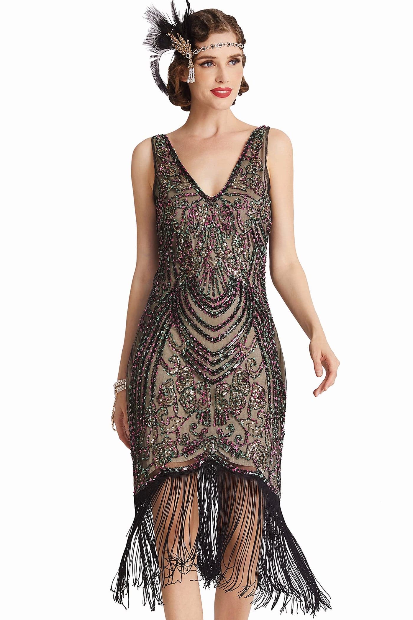 BABEYOND Flapper Dresses 1920s V Neck Beaded Fringed Great Gatsby Dress Black Apricot M