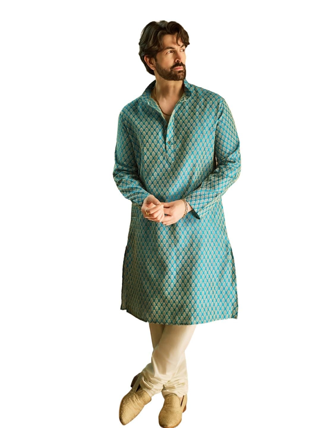 SOJANYA (Since 1958 Men's Silk Blend Peacock Blue Self design Kurta and White Churidar Pyjama Set