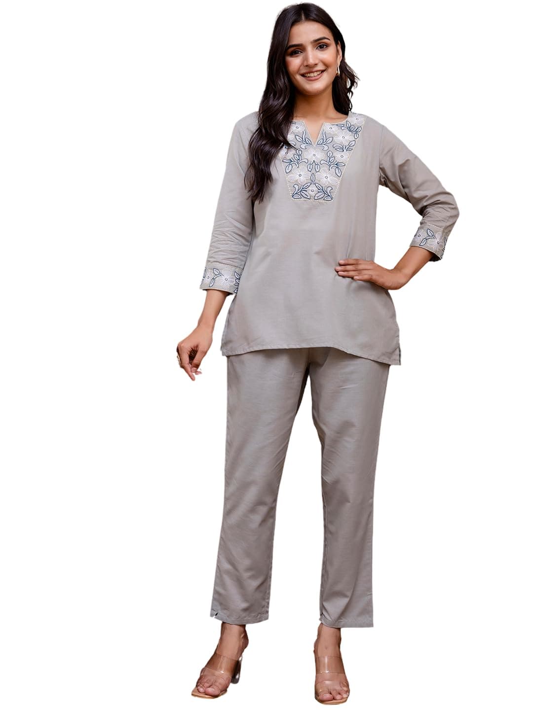 feranoid Women's Embroidered Co-ord Set - Viscose Fabric Full Sleeve Shirt and Pant Grey