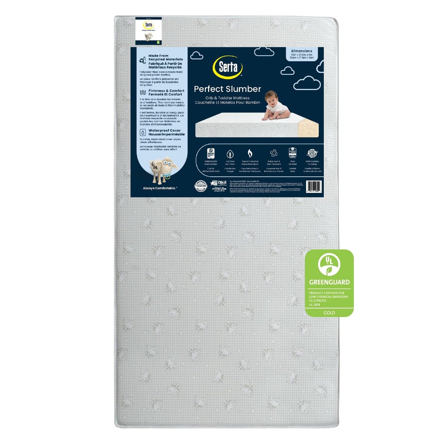 Serta Perfect Slumber Dual Sided Crib and Toddler Mattress Waterproof Hypoallergenic Premium Sustainably Sourced Fiber Core GREENGUARD Gold Certified NonToxic 7 Year Warranty Made in USA