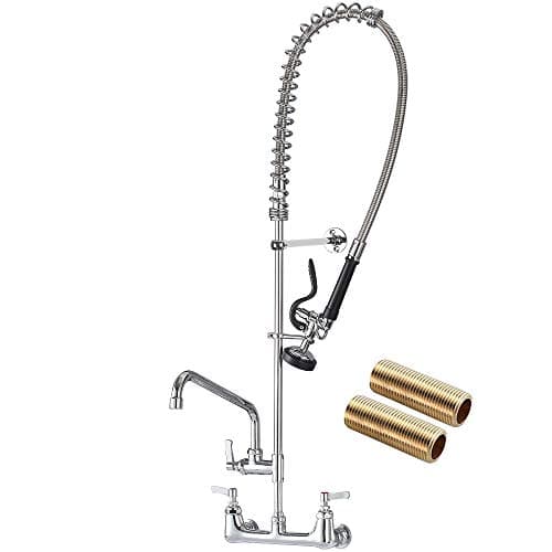 Commercial Kitchen Sink Faucet with Sprayer: 47 Inch Height 8" Center Commercial Wall Mount Faucet with Pull Down Pre Rinse Sprayer and 12" Swing Spout Kitchen Sink Faucet Fit for 2 3 Compartment Sink
