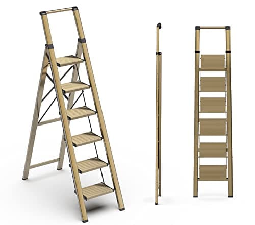 SOLADDER 6 Step Ladder Folding Step Stool with Handgrip and AntiSlip Wide Pedal Portable Lightweight Aluminum Stepladder for Kitchen Home Library Office 300 lbs Capacity Gold