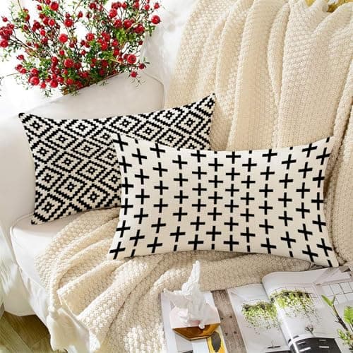 STITCHNEST Set of 2 Polycotton Cushion Covers – 12x18 Inches – Black & White Geometric Prints – Modern Cushion Covers for Sofa & Living Room | Perfect for Home Decor