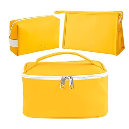 FITINI 3 Pieces Makeup Bag for Women Travel Toiletry Bag Portable Cosmetic Pouch Organizer with Girls Small Brush Holders Zipper Waterproof Storage CaseYellow