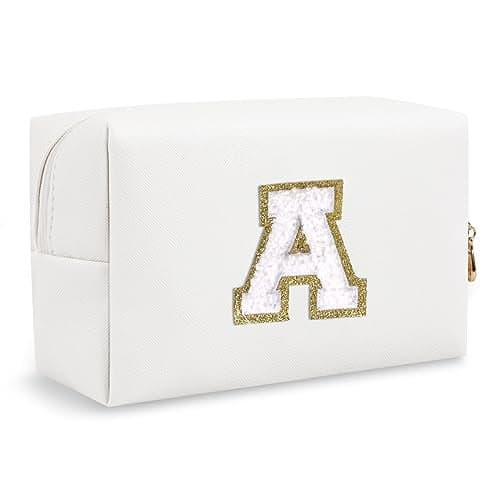 Small Personalized Initial A-Z Preppy Patch Makeup Bag,White PU Chenille Letter Travel Cosmetic Pouch with Zipper,Cute Toiletry Bag,Gift Ideal for Teen Girls Women Teacher Bridesmaid,Letter A