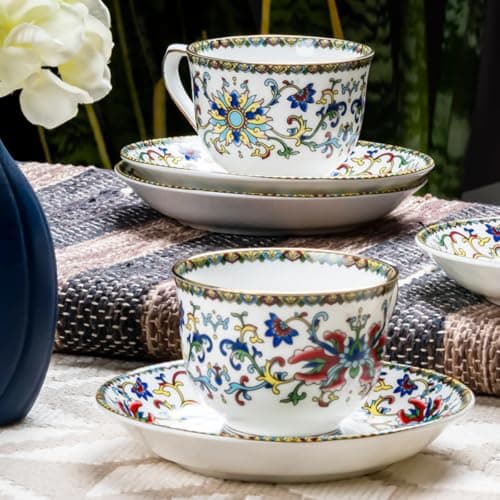 GOLDEN QUEEN'S Cup & Saucer Set | Perfect for Hosting & for Tea/Coffee Lovers | Handcrafted in India, Inspired by Florals & 24-Carat Gold Rim | 6 Cups & 6 Saucers |170 ml (Himalyan Flora)