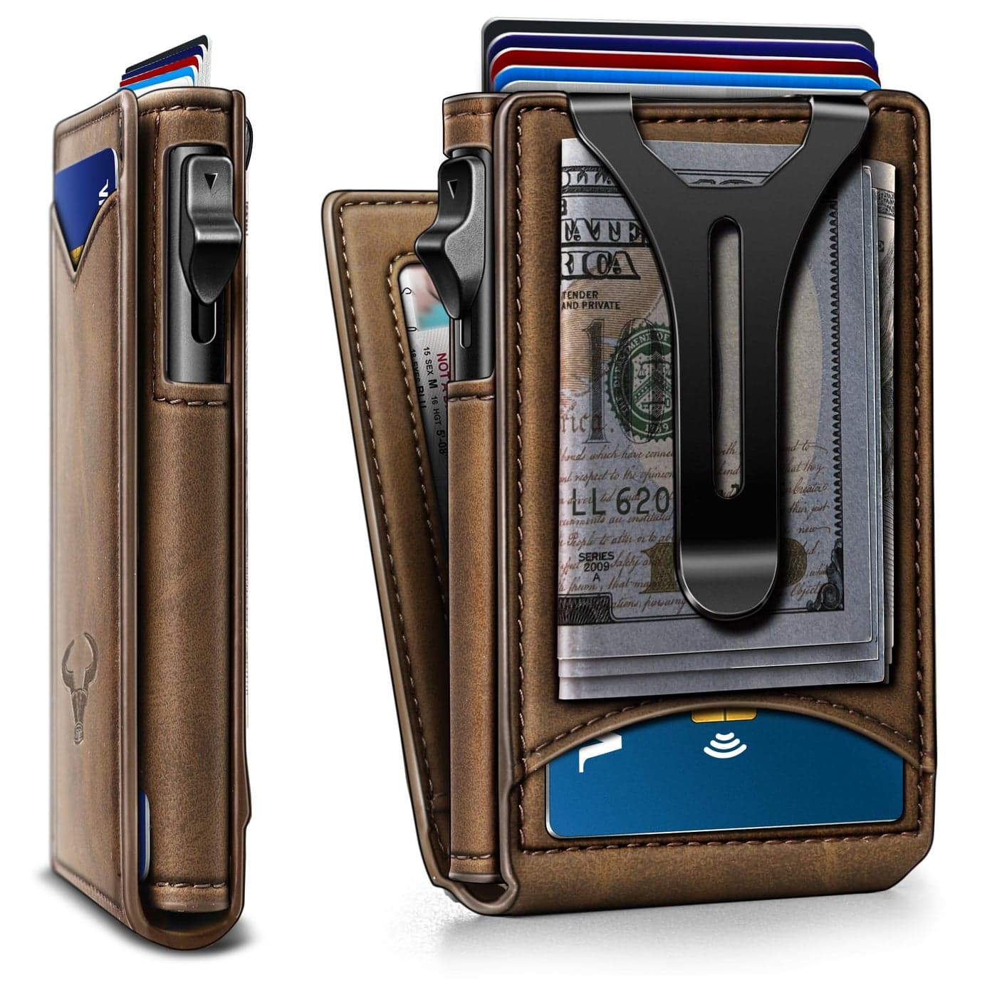 BULLIANT Men Wallet,Money Clip Wallet Slim For Gift Men 9Cards-Metal Credit Card Case in Magnetic Leather Flip