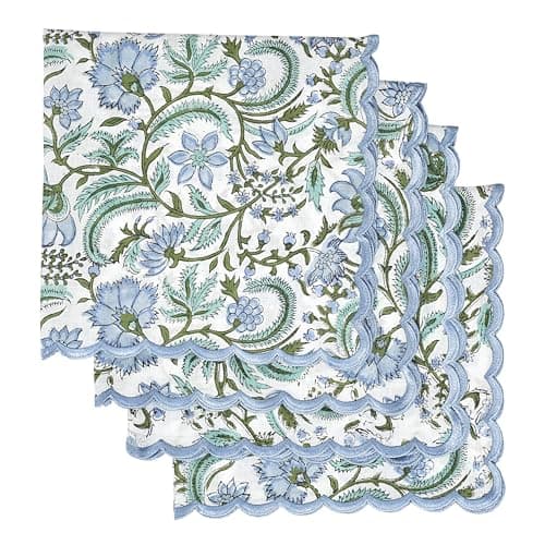 Ridhi Hand Block Print Columbia Blue 18 x 18 Set of 4 Embriodery Table Napkins Reusable Cotton Dinner Napkins for Weddings Parties Everyday Dining Gift for Spring Easter Valentine