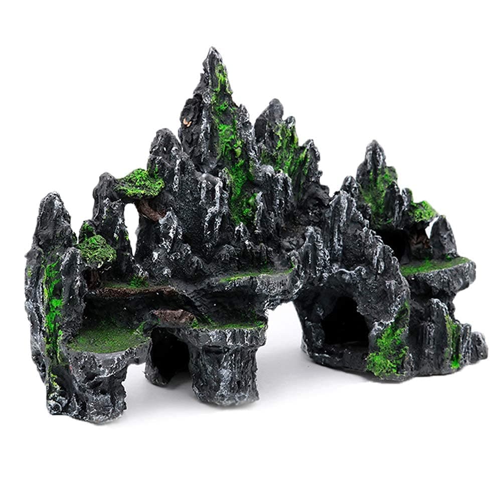 PakyKai Large Fish Tank Decorations Mountain View Aquarium Ornament with Tree House Cave Bridge Artificial Plastic Plants Aquarium Decorations