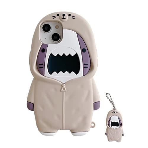 QoKcoahn Case for iPhone 14Cute 3D Kawaii Phone Cases Funny Sweater Shark Cartoon Cover with Keychain Soft Silicone Gel Drop Protection Case Women Girls for iPhone 14