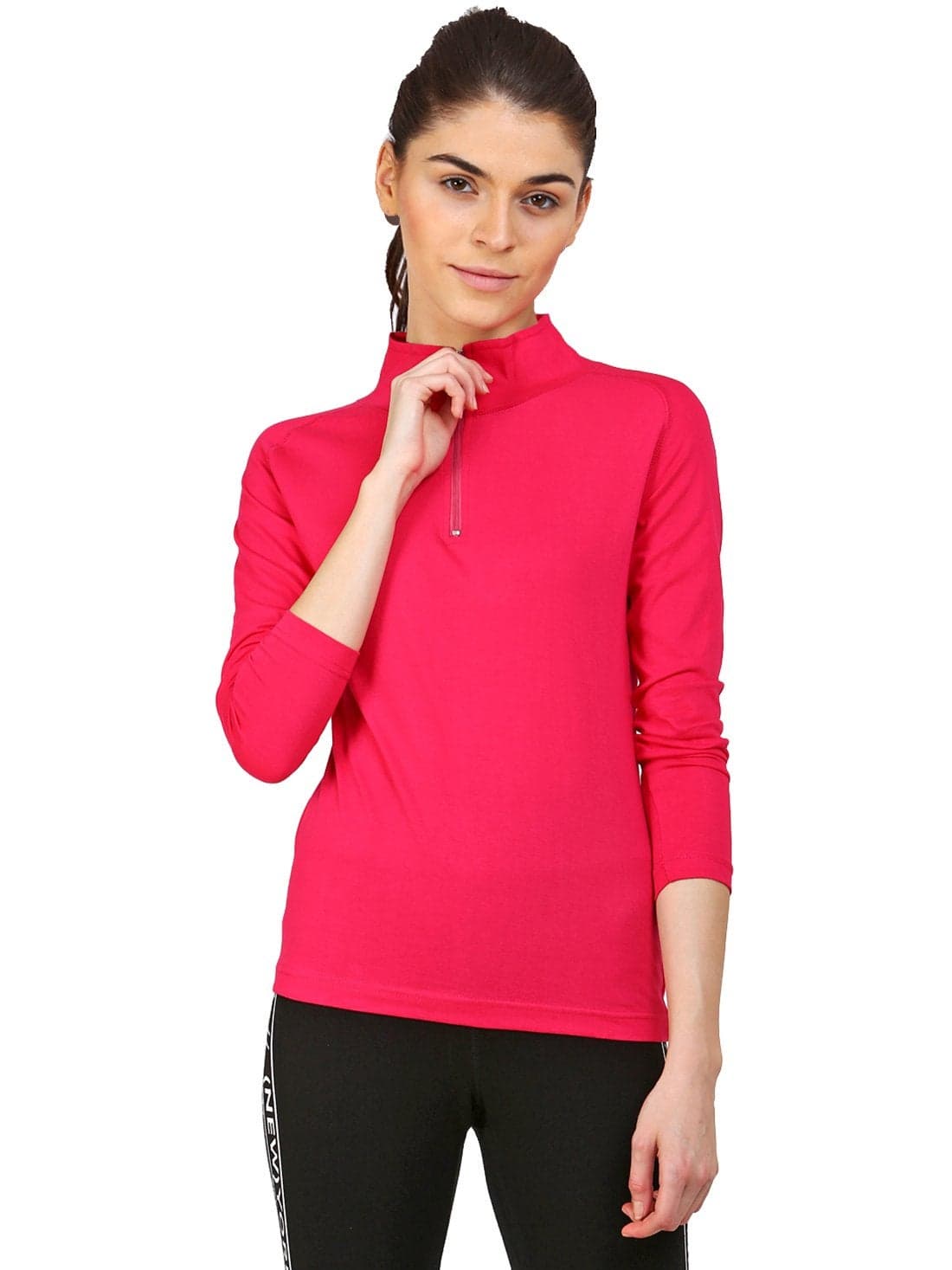 Ap'pulse Women's 1/4 Zip Slimfit Raglan Sleeve Tshirt (332_DkPink_X-Large)