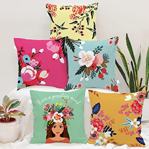 BRICK HOME Set of 5 Polycotton Printed Cushion Covers 18x18 Inches | Floral & Motivational Design | Multicolor Decorative Pillow Covers | Soft Fabric Cushion Covers for Sofa, Couch & Living Room