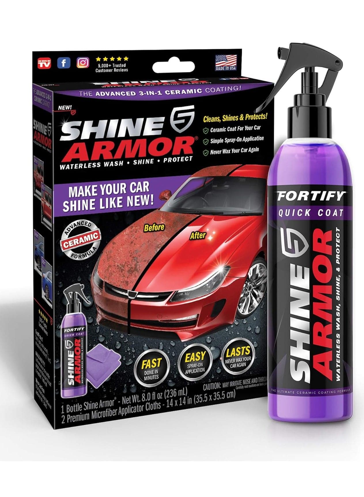 Shine Armor Ceramic Coating Brazilian Water-Based Palm Spray Wax High-Strength Hydrophobic Waterless Car Wash 236 ml (Microfiber Cloth Included)