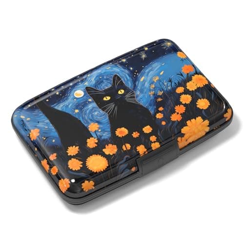 Rimilak Aluminuml Credit Card Holder, Mini Credit Card Wallet RFID Blocking Slim Metal Hard Case for Women Men, Starry Sky Cat