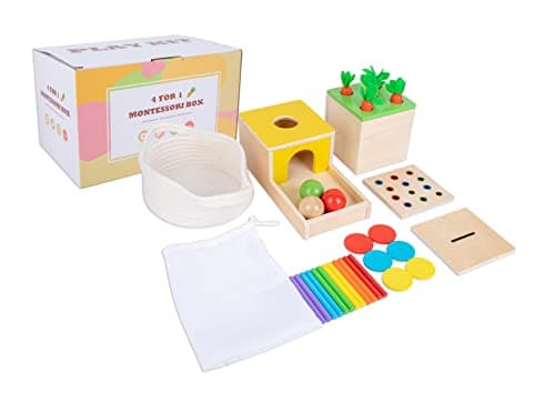 Montessori Toys for 1 Year Old Babies 4in1 Play Kit Includes Carrot Harvest Game Infant Coin Box Fine Motor Skills Toys and Object Permanence Box