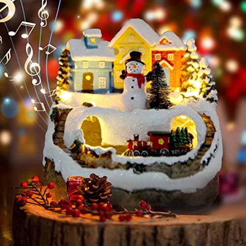 Christmas Collectibles Building Village House Musical Snow Globe Resin Figurines with 8 Music Snowman, Christmas Train Come with Xmas Gift