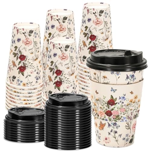 JarThenaAMCS 50 Sets Vintage Floral Coffee Cups with Lids and Sleeves 16oz Wildflower Disposable Paper Cup Disposable To Go Coffee Cups for Fall Cafes Shops Cappuccino Chocolate Beverage Cocoa