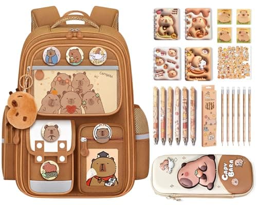 SJIE Waterproof Capybara Backpack,Large-capacity includes 36-Piece Accessories (Pencil case, Notebook, Sticky notes, stickers, Gel pen and Others)