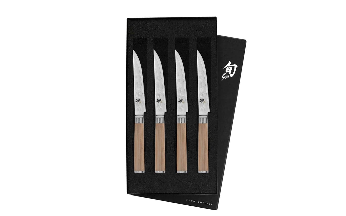 Shun Classic Blonde Steak Knife Set, 4 Piece, 4.75" Knives, Handcrafted Japanese Steak Knife Set, VG-MAX Core with Damascus Stainless Steel Cladding, Pakkawood Handle