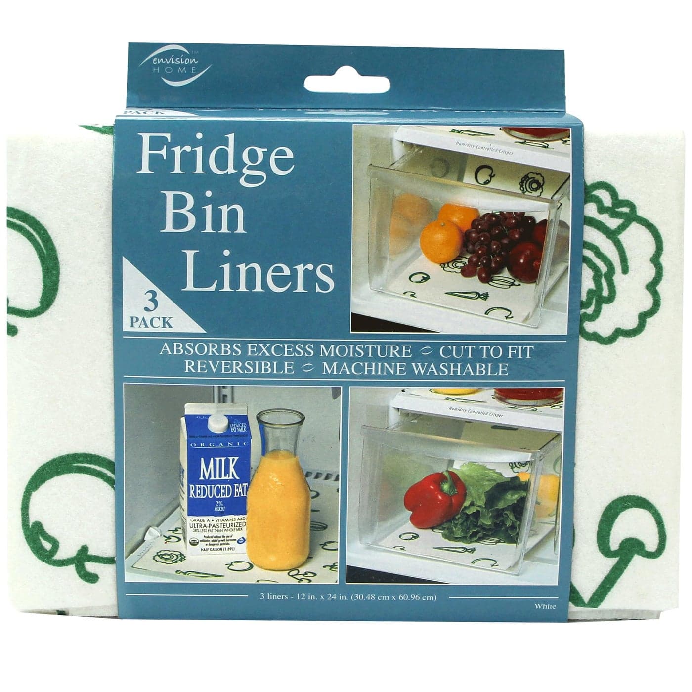 Envision Home Refrigerator Liners Shelf Liner Absorbent Fridge Liners 12 Inch x 24 Inch Veggie Print 3 Pack