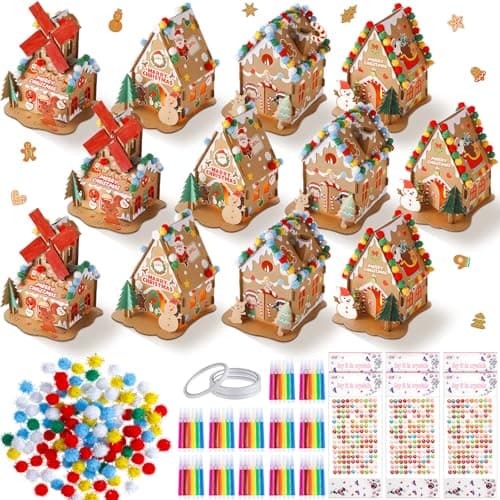Poen 12 Set Christmas Gingerbread House Craft Kit Bulk Prebuilt Mini Gingerbread House with Pom Poms Markers Sticker Tapes Fun DIY Cardboard Christmas Craft for Holiday Party DecorationStylish Style