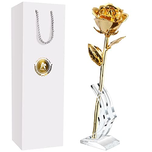 AliveRose 24k Gold Rose, Golden Rose Made from Real Rose - Unique Design Dipped Rose for Anniversary Valentines Mothers Day Birthday Gifts (Golden Rose with Stand)