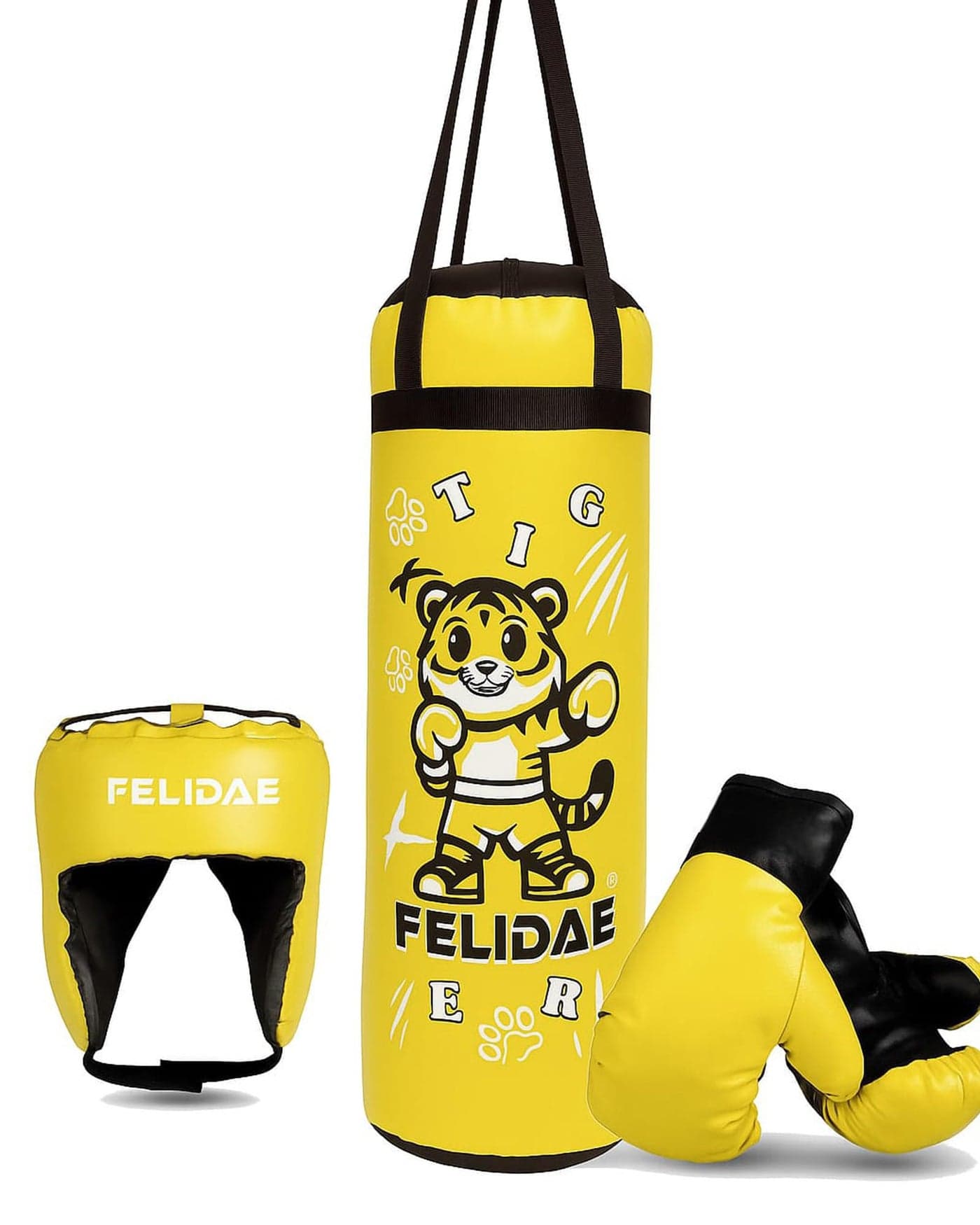 FELIDAE Kids Set for Age (7-13 Years) Pack of 4 Boxing Kit | Punching Bag for Karate | Bounce-Back Martial Arts Bag for Boys & Girls to Build Skills Boxing Kids Set (Yellow Black)