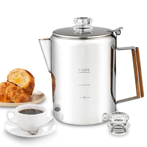 APOXCON Coffee Percolator Camping Coffee Pot Stainless Steel with Glass Knob Using on any Stovetop - NO Aluminum NO Plastic (9 Cup)