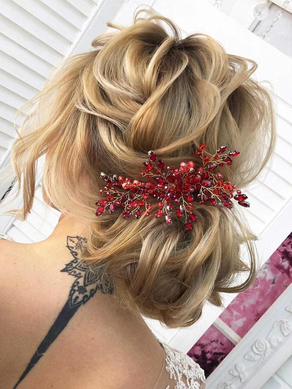 Kercisbeauty Red Crystal Beads Hair Comb for Wedding Brides Bridesmaid Women Special Occasion Handmade Jewelry Hair Piece