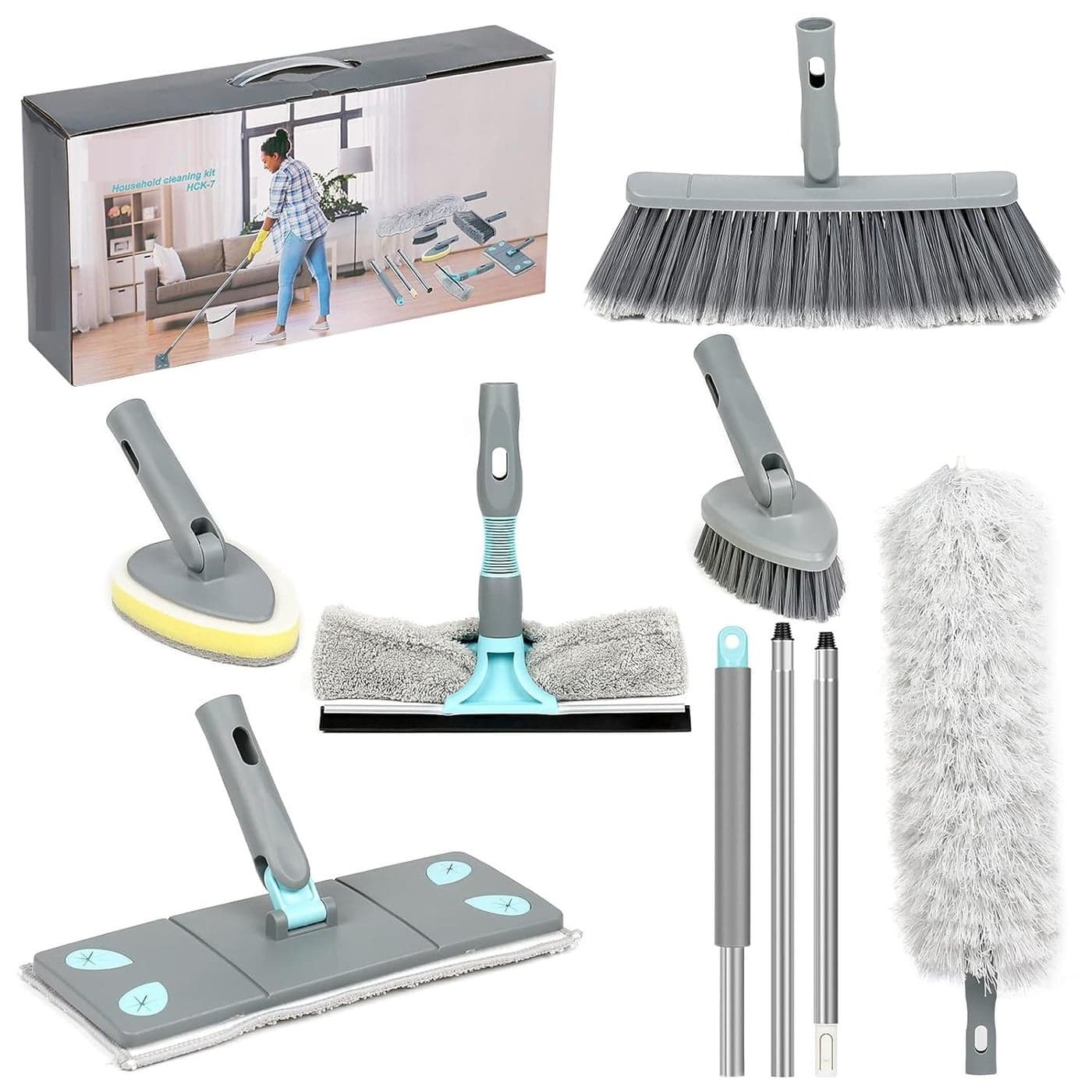 KEYOZA Microfiber Mop with Extension Pole Stainless Steel 7in1 Home Cleaning Supplies Kit with Mop Broom Ceiling Fan Duster 2in1 Squeegee Tile Scrubber Scrub Brush