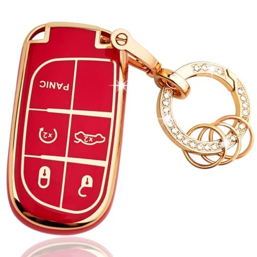 OLLEN TPU Key Fob Cover with Bling Ring Fit for Jeep Grand Cherokee Renegade Compass Chrysler Dodge RAM Durango Challenger Journey Dart Fiat Full Protection Key Case 5 Button Red